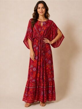 easel Red Floral Boho Maxi Dress with Elastic Waist NWT